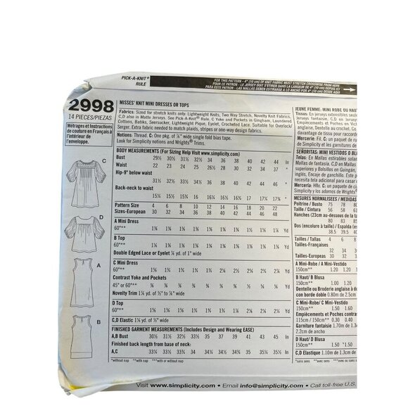 Simplicity Easy-To-Sew Knit Mini Dresses Tops Sewing Pattern 2998 Size 14-22 - Picture 2 of 2